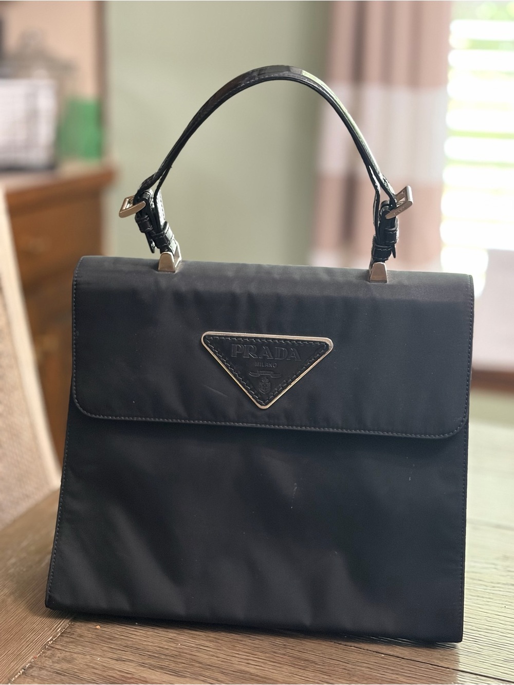 Prada Black Nylon Top-Handle Satchel with Gold-Tone Logo